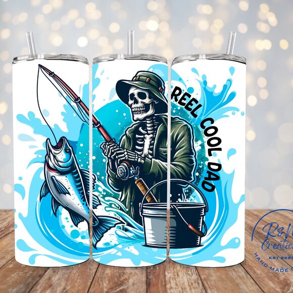 Reel Cool Dad Skelton Fishing 20oz Skinny Tumbler For Hot And Cold Beverage - Picture 1 of 8